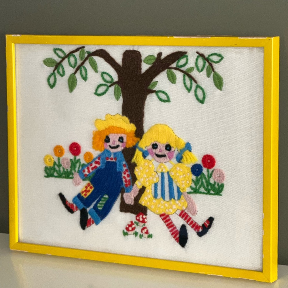 Vintage Embroidery Hand Raggedy Ann Andy Doll Crewel Floral Wood Frame
